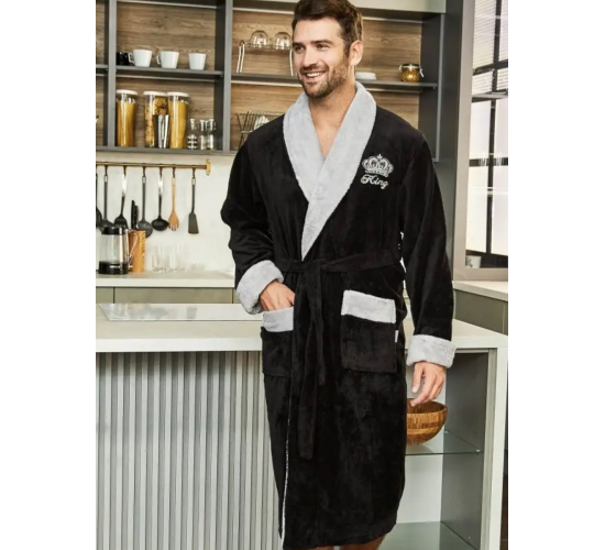 Халат KING мужской велюровый с воротником цвет черный