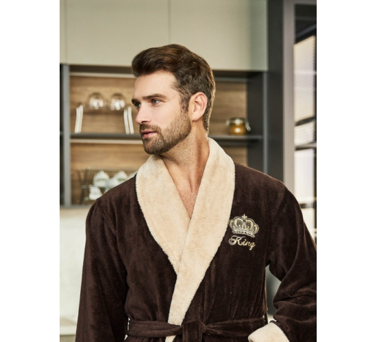 Халат KING мужской велюровый с воротником цвет коричневый