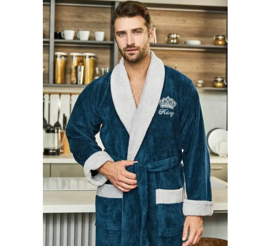 Халат KING мужской велюровый с воротником цвет морская волна