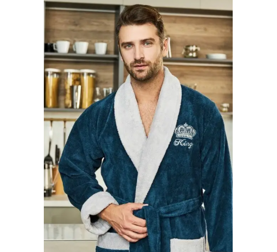 Халат KING мужской велюровый с воротником цвет морская волна