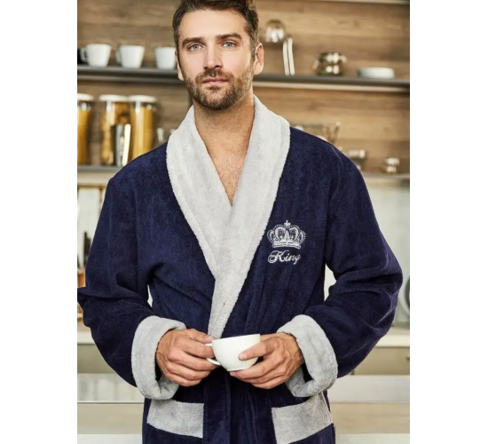 Халат KING мужской велюровый с воротником цвет синий