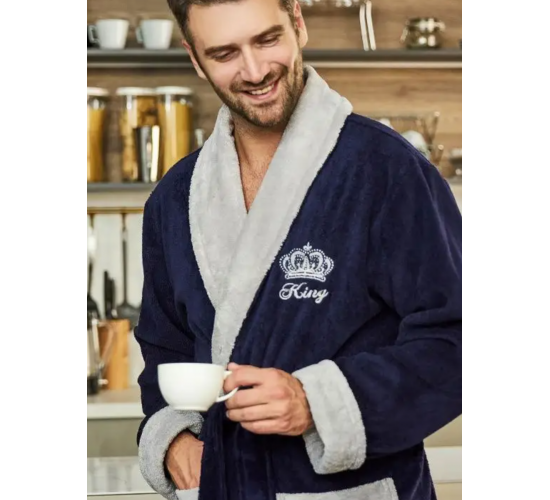 Халат KING мужской велюровый с воротником цвет синий