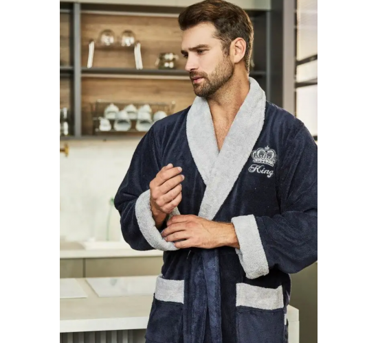 Халат KING мужской велюровый с воротником цвет джинс