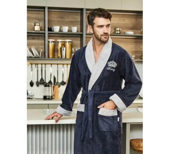 Халат KING мужской велюровый с воротником цвет джинс