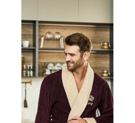 Халат KING мужской велюровый с воротником цвет баклажановый