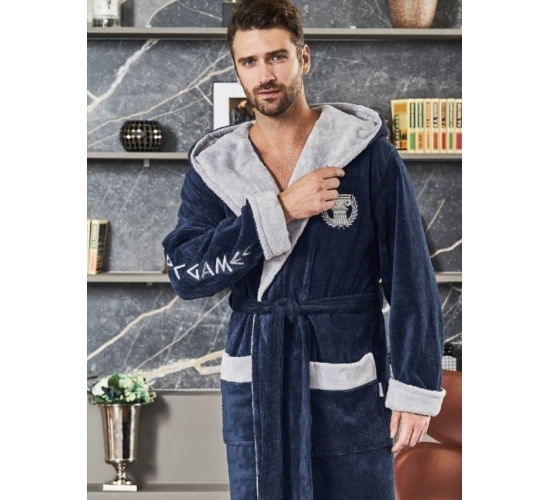 Халат OLYMPIC мужской велюровый с капюшоном, цвет джинс