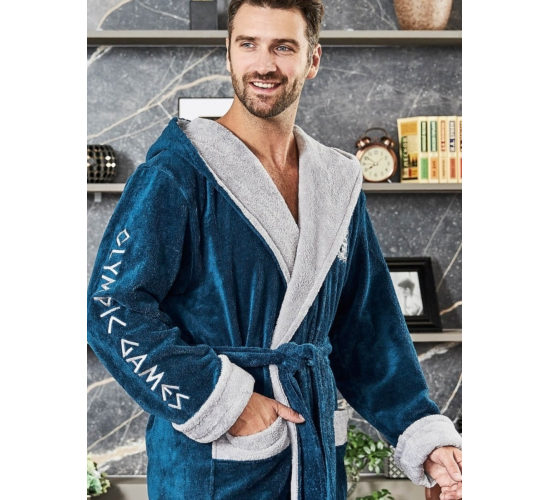 Халат OLYMPIC мужской велюровый с капюшоном, цвет морская волна