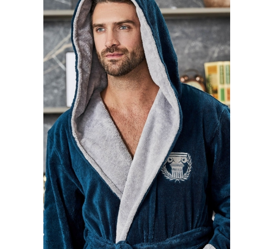 Халат OLYMPIC мужской велюровый с капюшоном, цвет морская волна