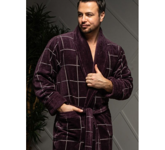 Халат KEVIN мужской велюровый с воротником цвет баклажановый